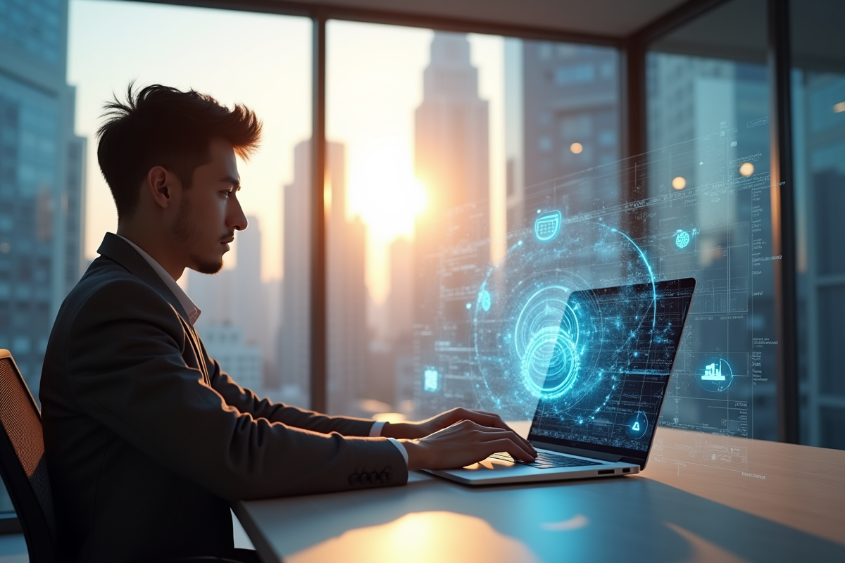 Jeune professionnel utilisant un ordinateur avec hologramme de données quantiques