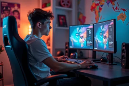 Jeune homme concentré jouant à CS2 sur son PC dans sa chambre