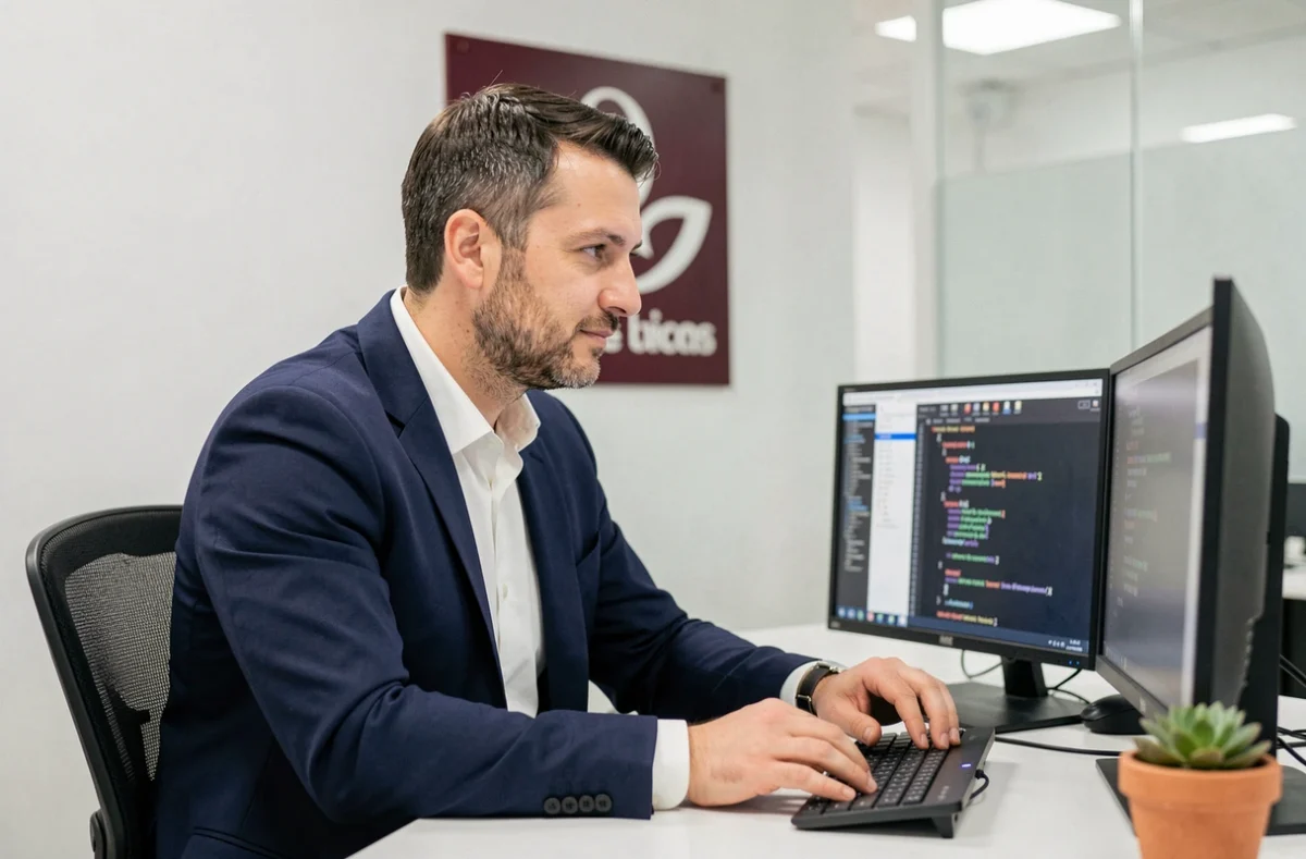 Consultant IT chez Koesio ESN à Dijon travaillant sur des écrans de code dans un bureau moderne