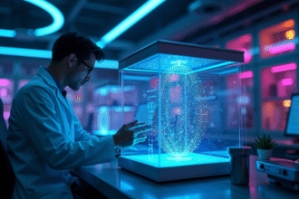 Laboratoire moderne avec ordinateur quantique lumineux et équipe de scientifiques