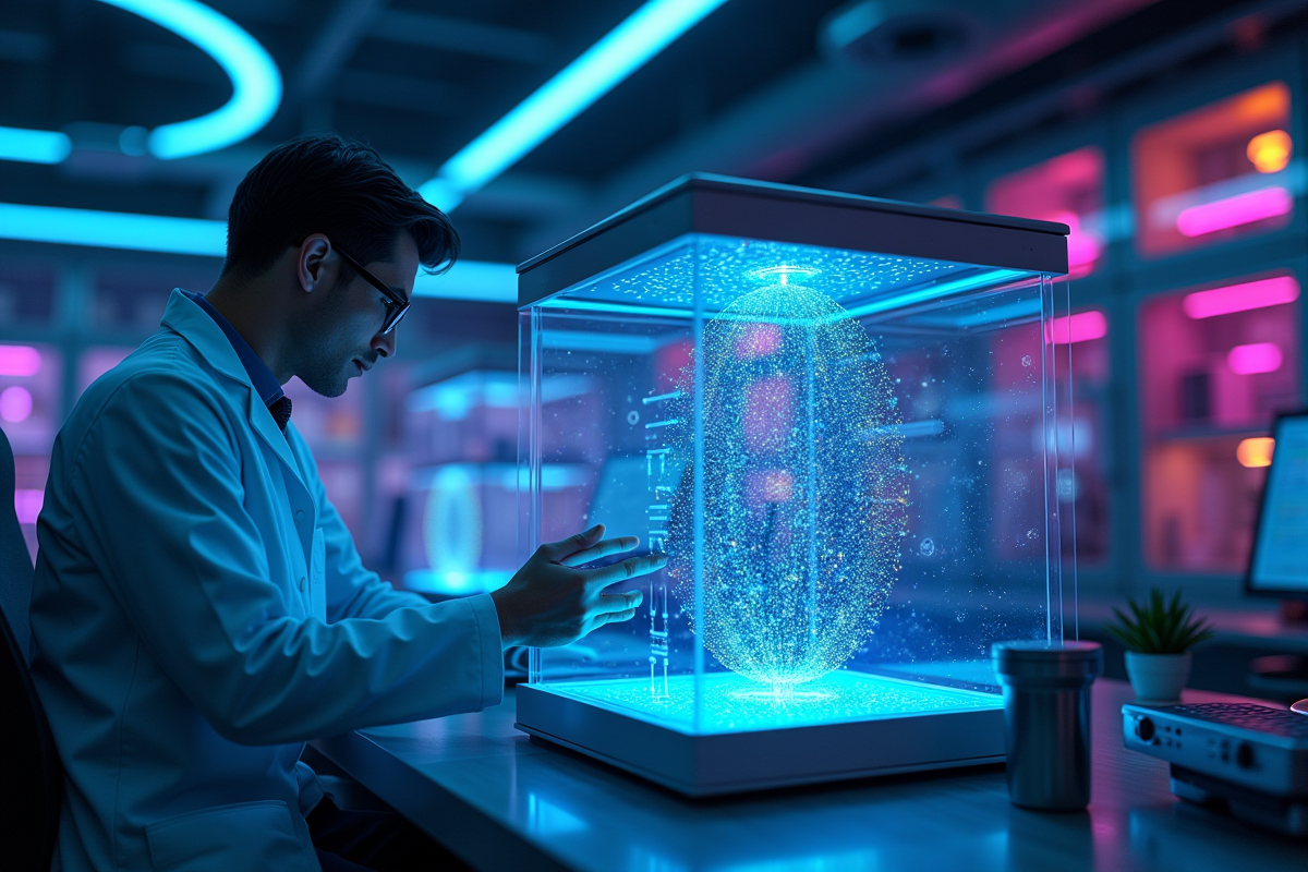 Laboratoire moderne avec ordinateur quantique lumineux et équipe de scientifiques