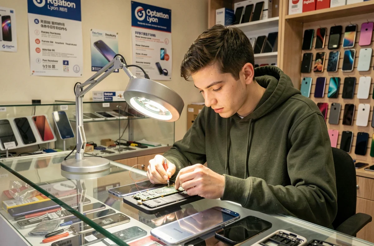 Technicien Lionphone réparant un smartphone dans une boutique de téléphonie lyonnaise