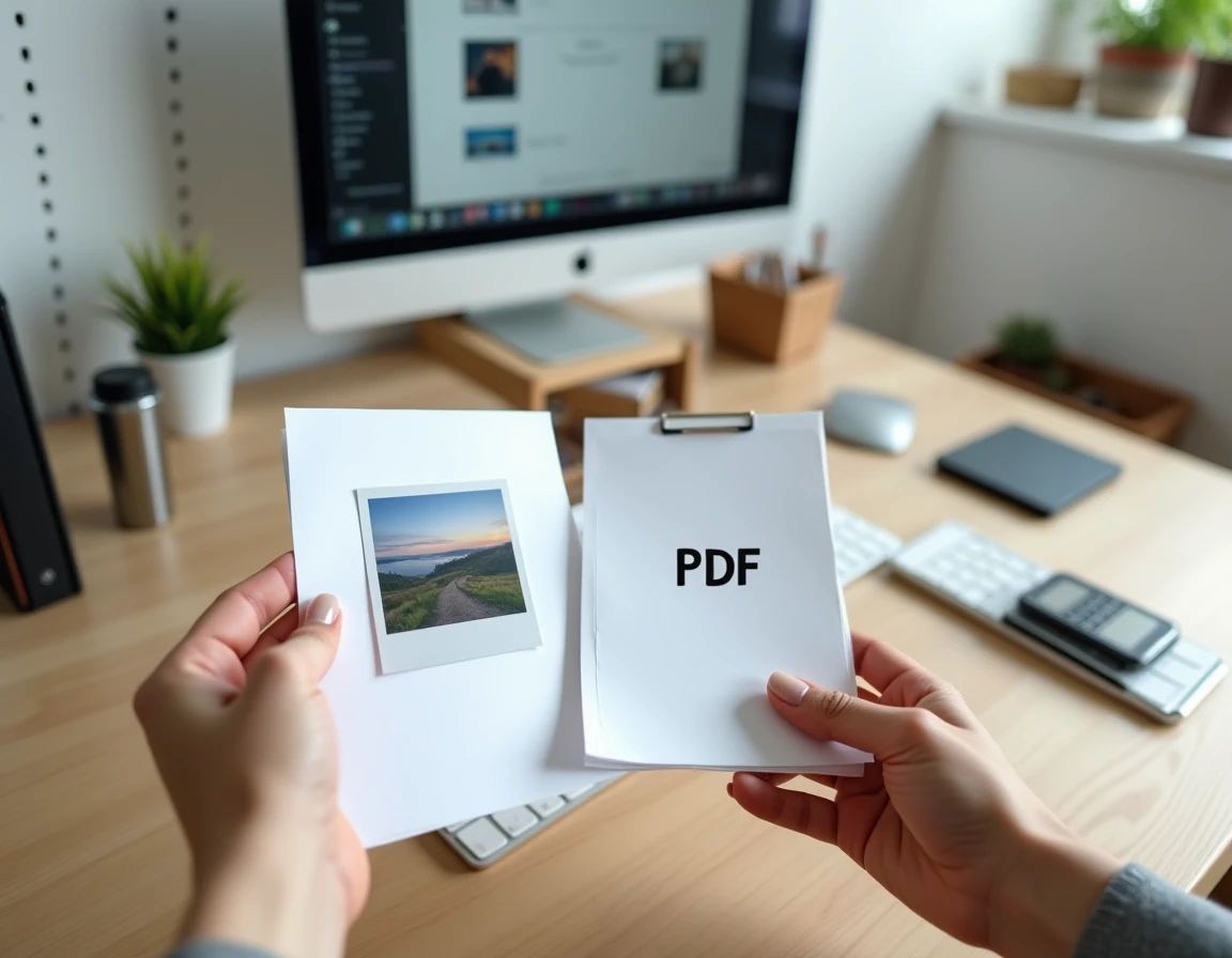 Gros plan de mains tenant une photo imprimée et un document PDF illustrant le choix de format de fichier