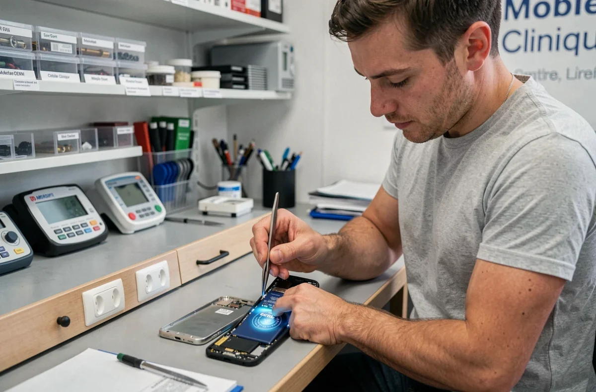 Technicien de Mobile Clinique à Lorient remplaçant la batterie d'un smartphone avec des pinces de précision sur un établi