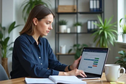 Enseignante organisant sa journée de travail avec un webmail académique et un agenda numérique sur ordinateur portable dans un bureau professionnel