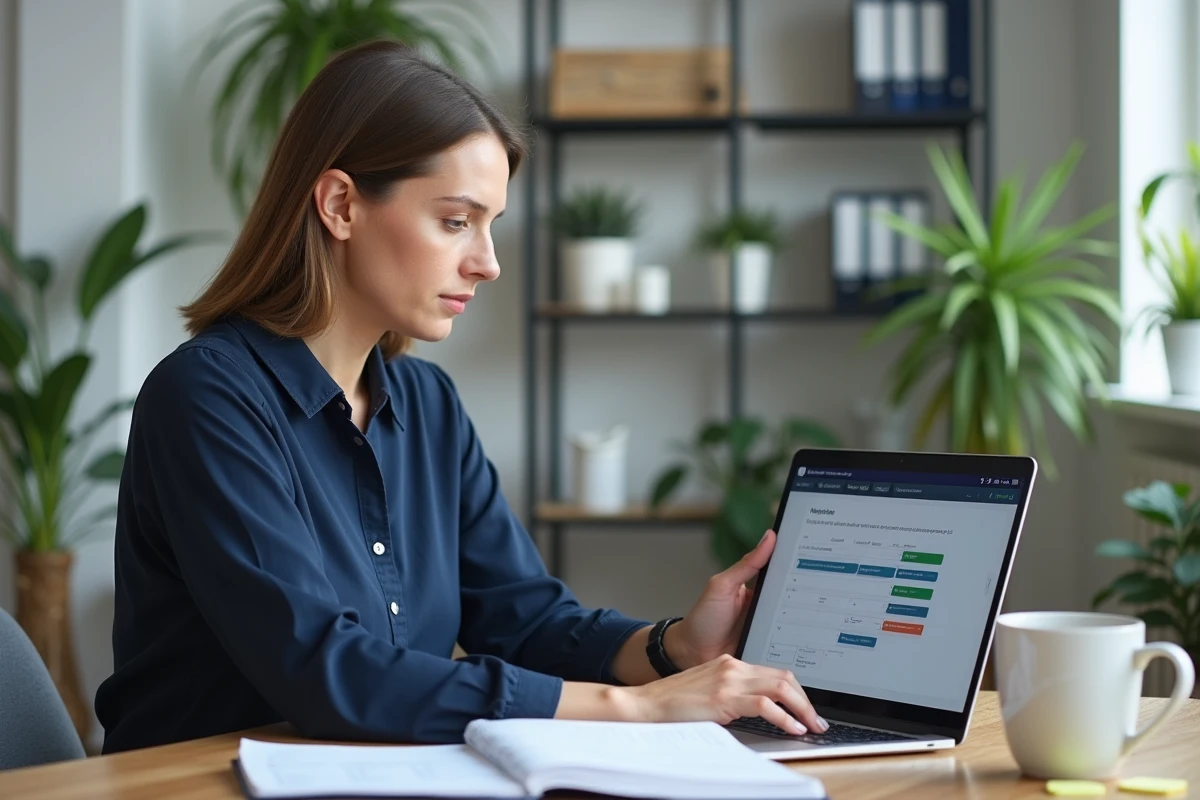Enseignante organisant sa journée de travail avec un webmail académique et un agenda numérique sur ordinateur portable dans un bureau professionnel