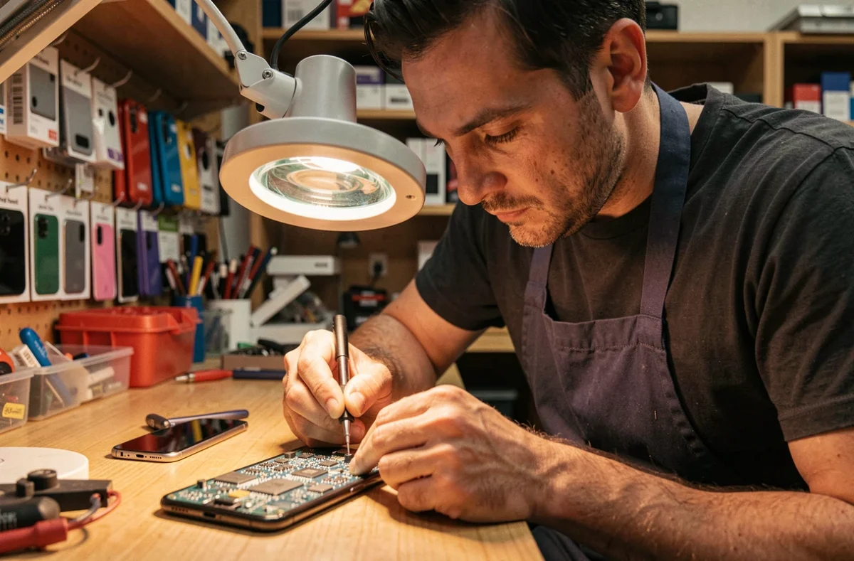 Technicien de Phone Expert à Lorient soudant une carte mère de smartphone sous loupe dans un atelier de réparation