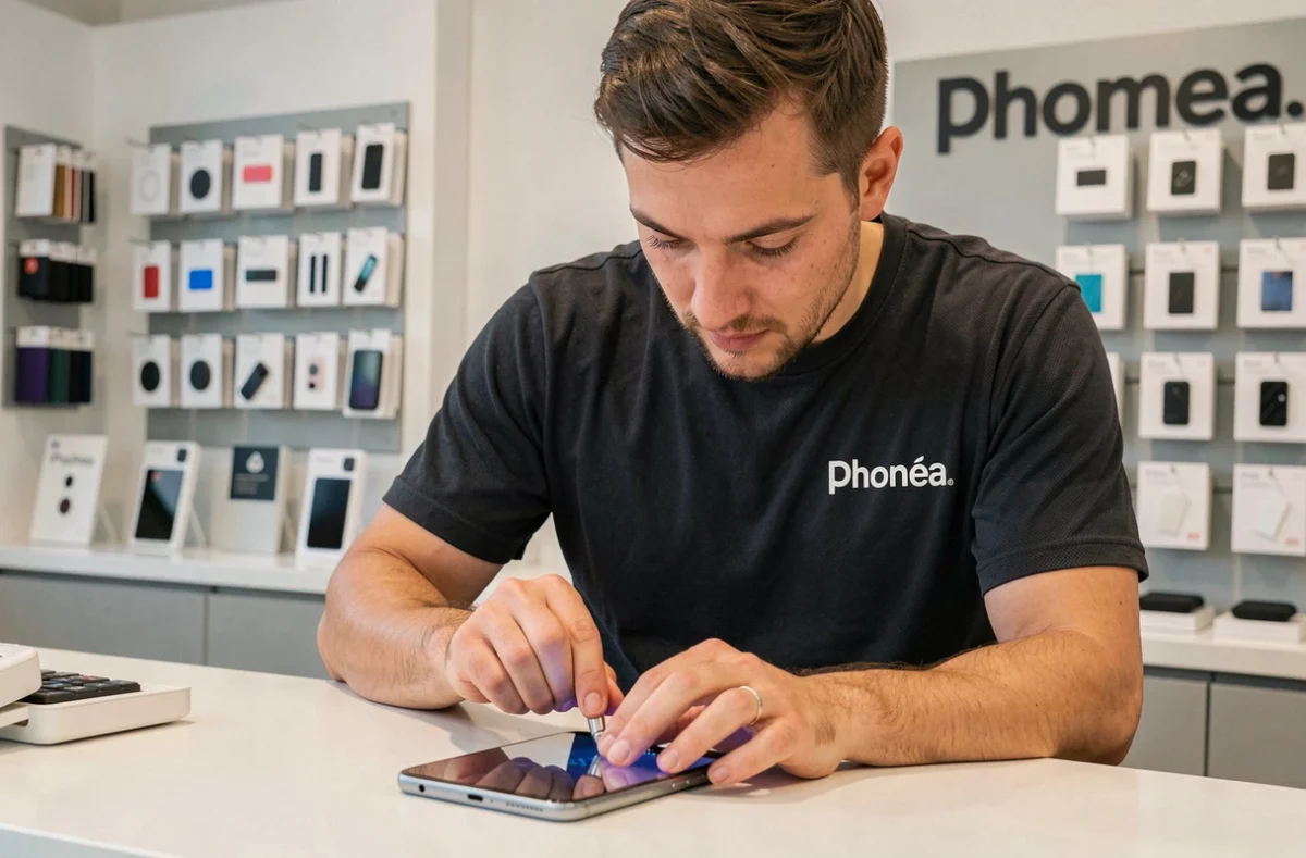 Technicien de Phonéa à Vannes appliquant un protège-écran sur un smartphone client avec précision au comptoir