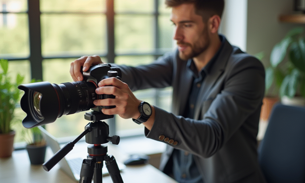 Photographe ajustant les réglages de l'appareil photo dans un espace lumineux
