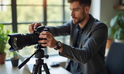 Photographe ajustant les réglages de l'appareil photo dans un espace lumineux