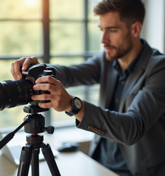 Photographe ajustant les réglages de l'appareil photo dans un espace lumineux