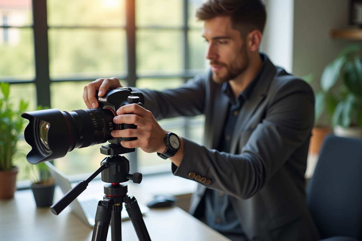 Photographe ajustant les réglages de l'appareil photo dans un espace lumineux