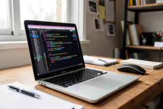 Poste de travail d'un développeur avec du code affiché à l'écran