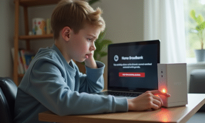 Jeune personne frustrée vérifiant une box internet avec erreur