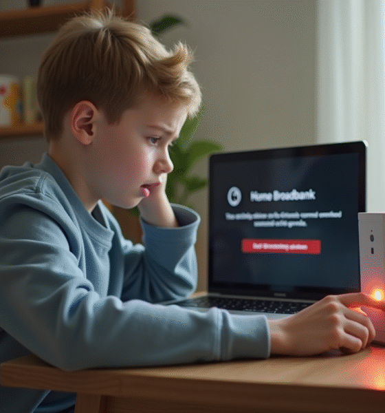 Jeune personne frustrée vérifiant une box internet avec erreur