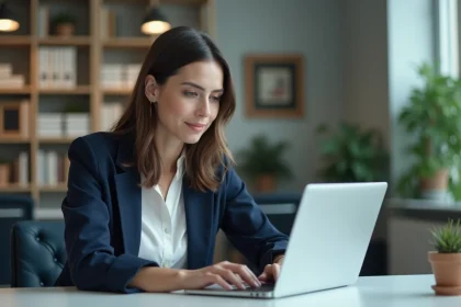 Professeure connectée à son webmail académique de Créteil sur un ordinateur portable dans une salle administrative