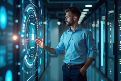 Jeune professionnel en sécurité informatique avec interface digitale