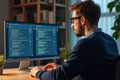 Jeune homme en informatique compare deux interfaces de sécurité