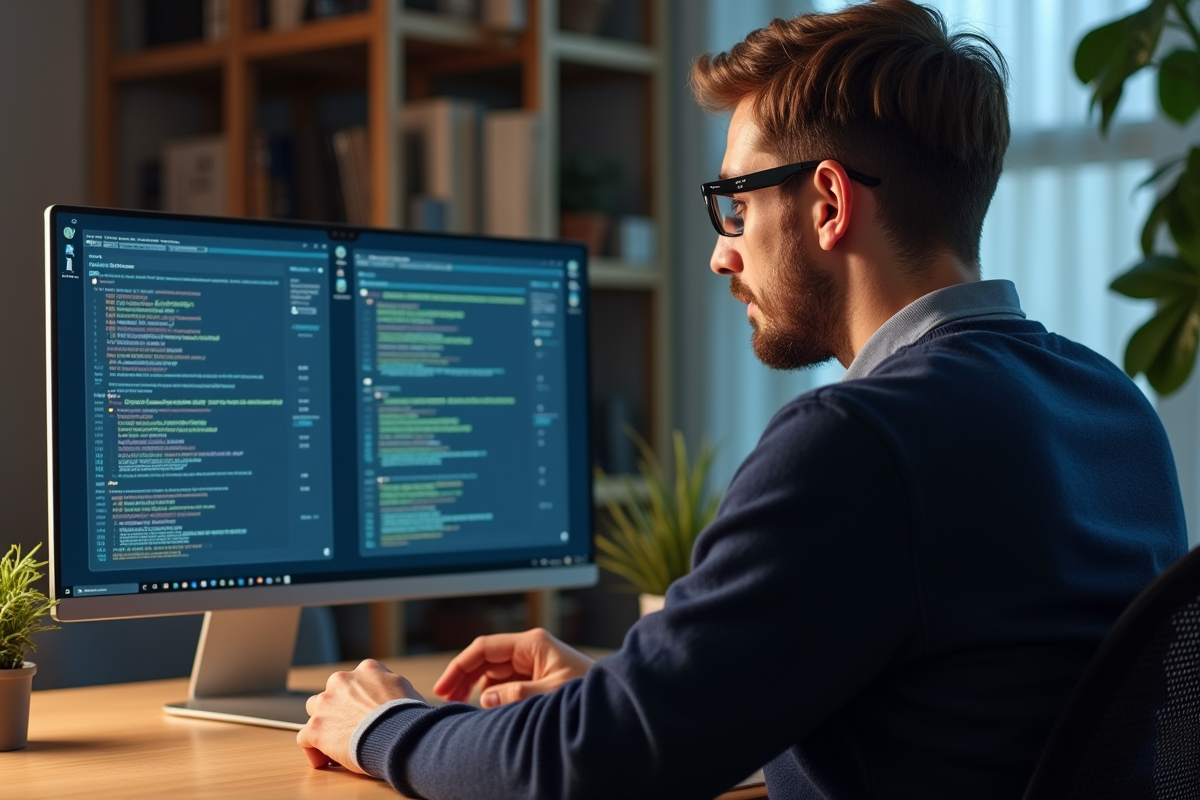 Jeune homme en informatique compare deux interfaces de sécurité