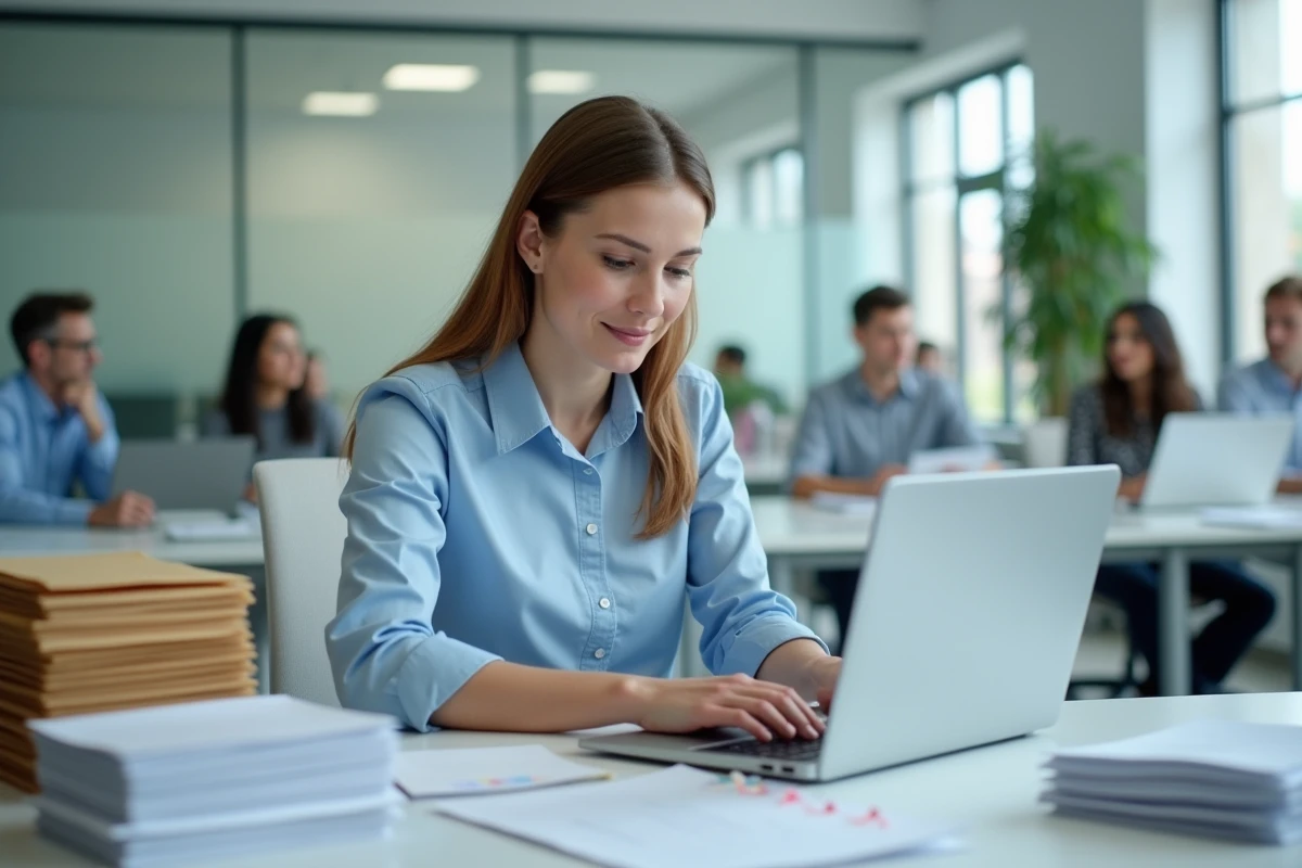 Employée de bureau vérifiant un protocole de réception de courrier avec checklist et documents imprimés
