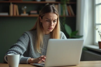 Femme frustrée devant son ordinateur portable essayant de récupérer un mot de passe oublié sur une application web