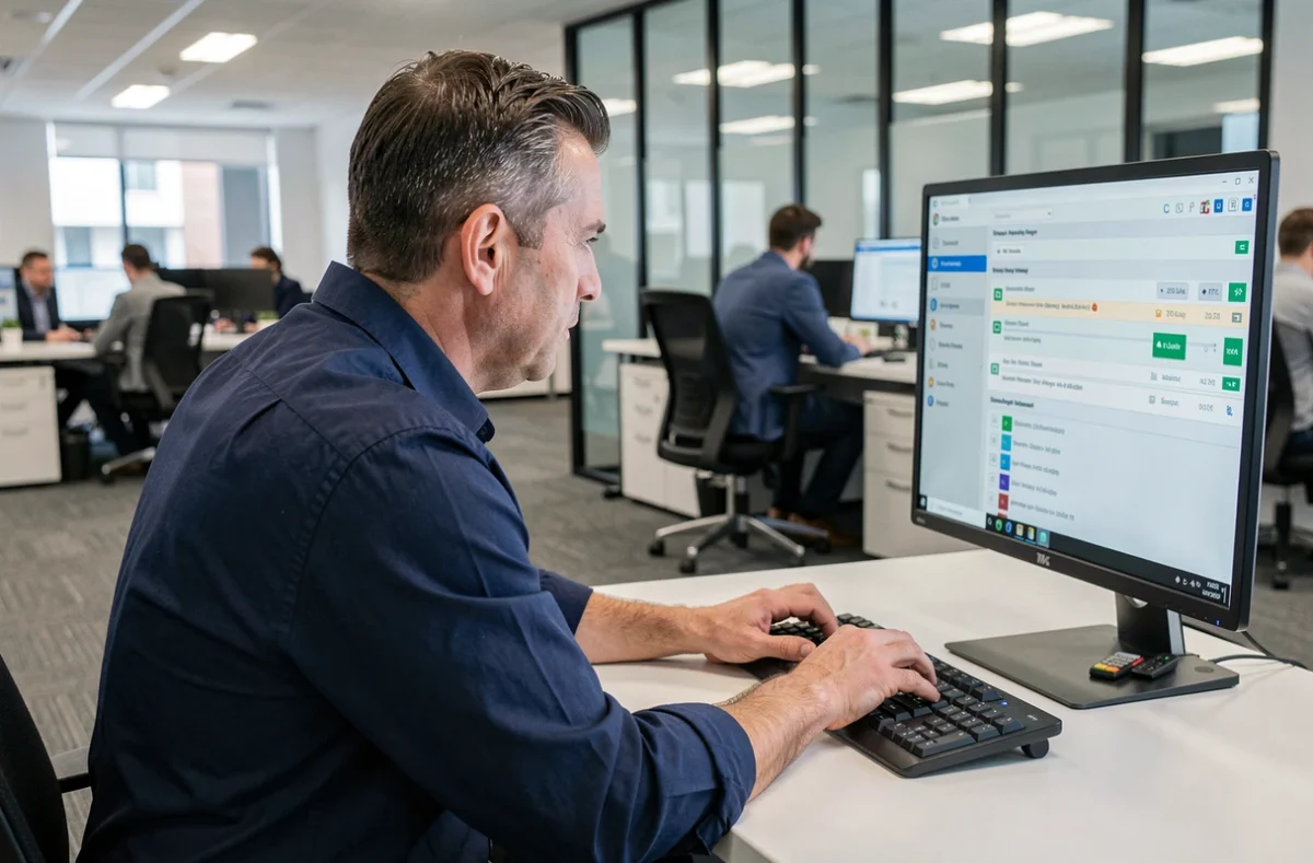 Homme en bureau open space tentant de récupérer des recherches internet supprimées sur son ordinateur