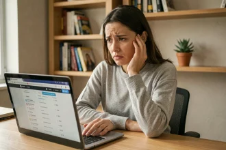 Femme inquiète devant son ordinateur portable cherchant à récupérer son historique de navigation effacé