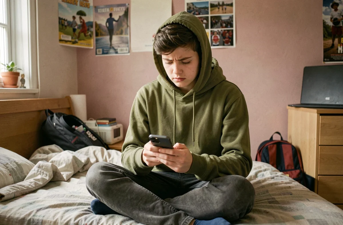 Adolescent sur son lit essayant de récupérer des recherches effacées sur son smartphone