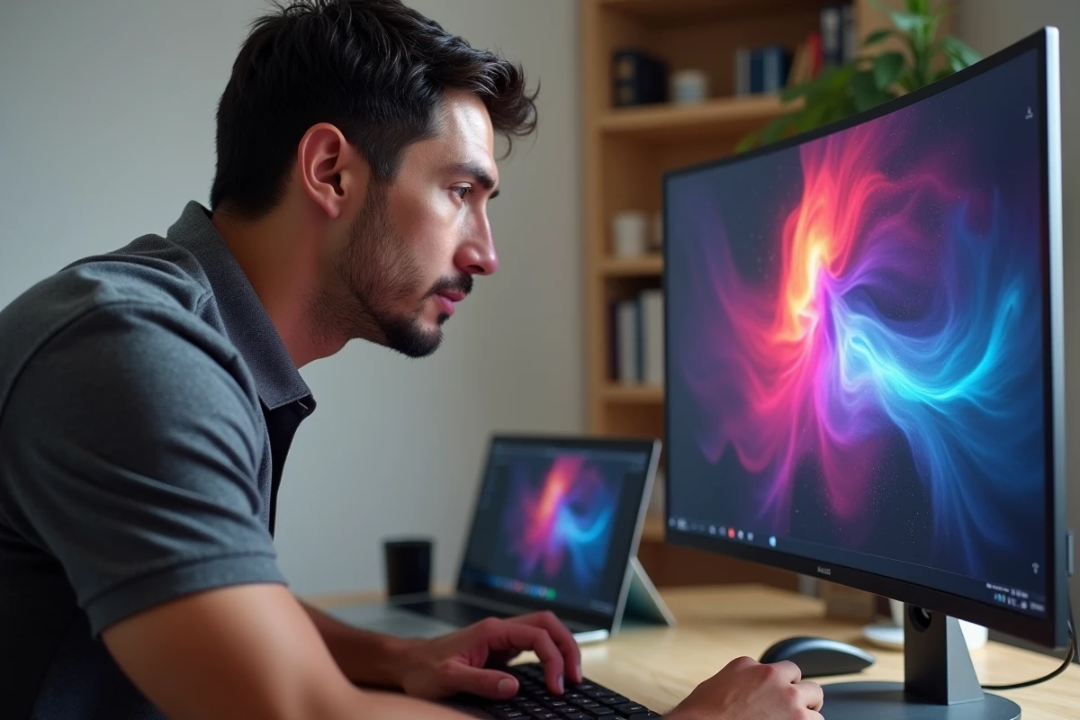 Homme réglant les paramètres d'image sur un grand écran OLED 27 pouces dans un bureau moderne