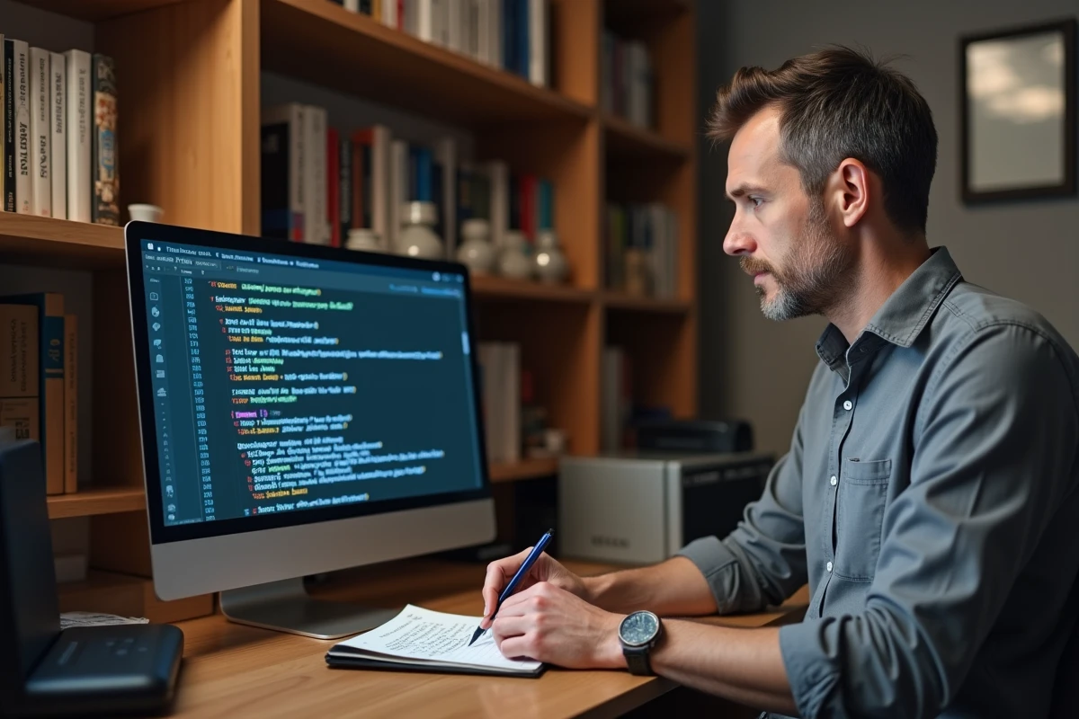 Homme consultant les paramètres serveur IMAP et SMTP IONOS sur un écran d'ordinateur dans un bureau à domicile