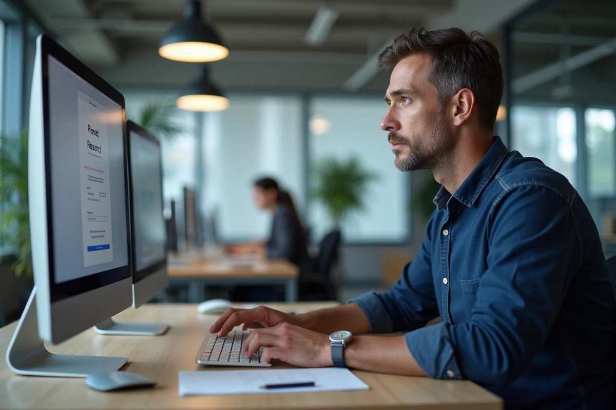 Homme en open space réinitialisant ses identifiants de connexion sur une application web professionnelle