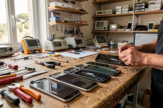 Atelier de réparation de smartphones dans le Morbihan avec outils et pièces détachées sur un établi en bois