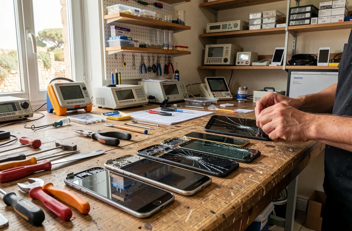 Atelier de réparation de smartphones dans le Morbihan avec outils et pièces détachées sur un établi en bois