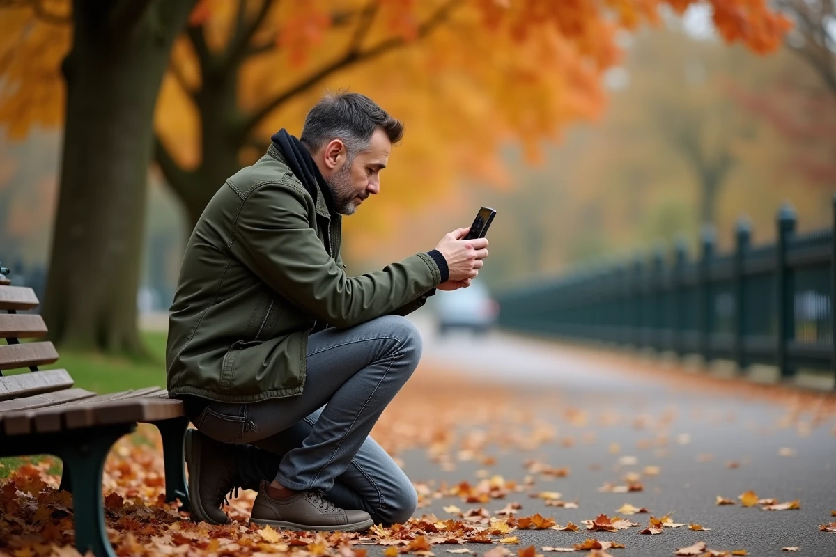 Homme accroupi dans un parc en automne prenant des photos de feuilles avec un Samsung Galaxy S24 FE