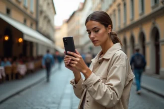 Femme utilisant un Samsung Galaxy S24 FE pour photographier une rue pavée urbaine en Europe