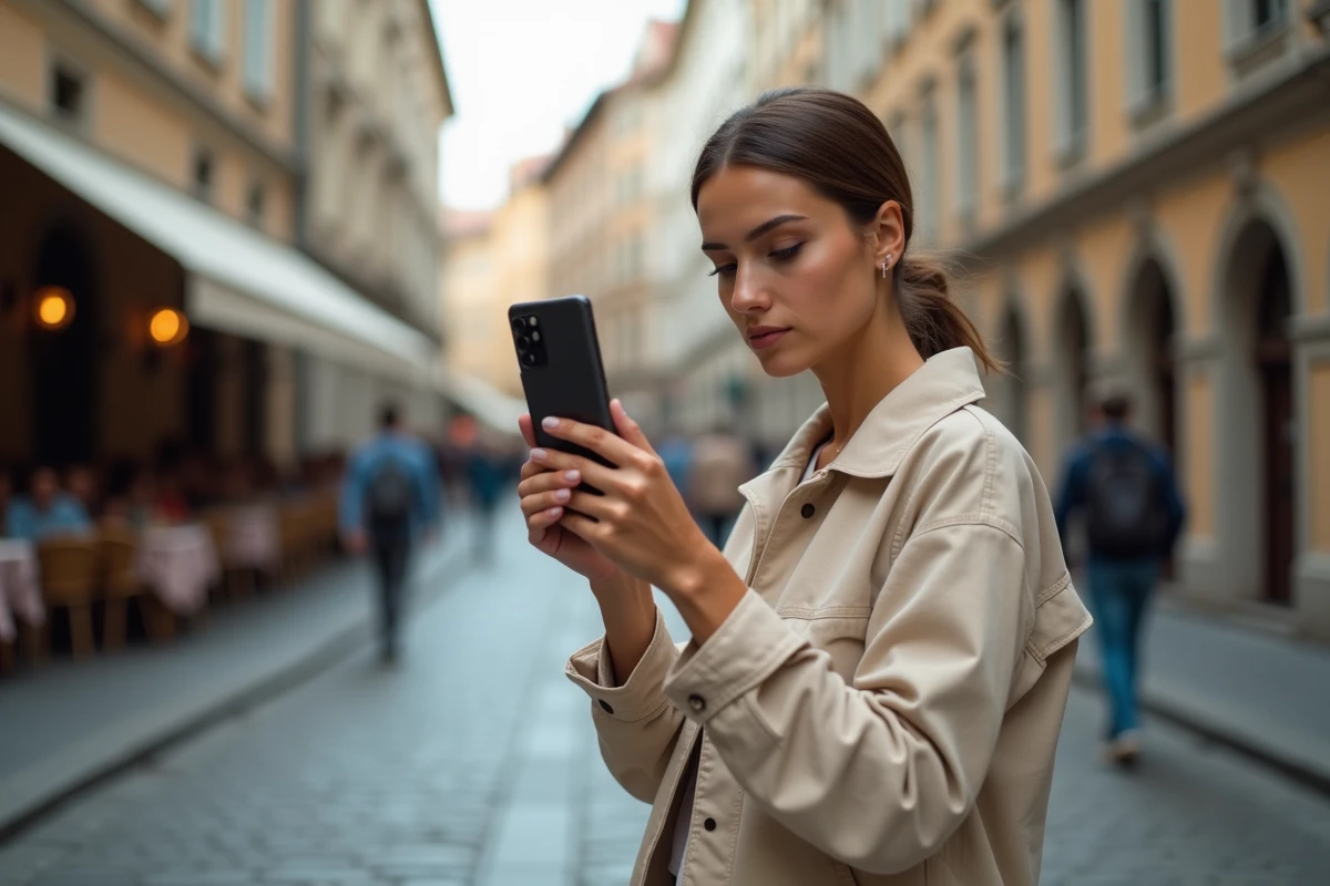Femme utilisant un Samsung Galaxy S24 FE pour photographier une rue pavée urbaine en Europe