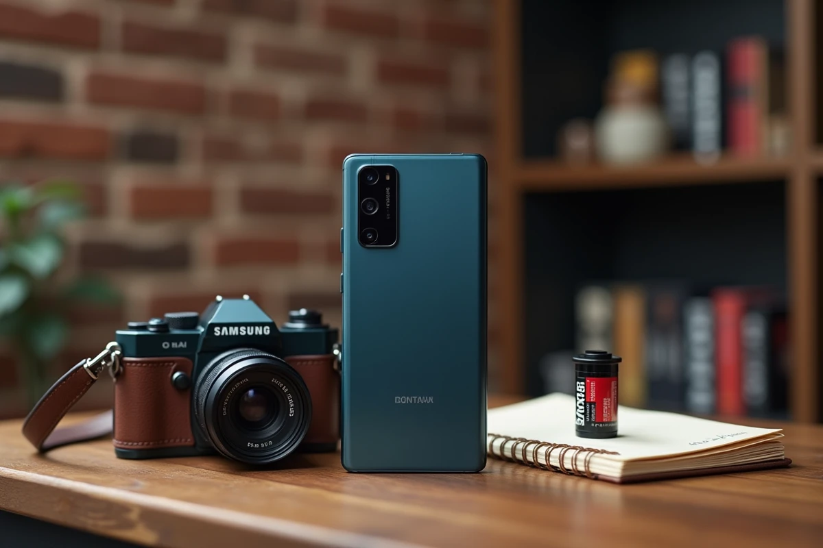 Samsung Galaxy S24 FE posé sur un bureau à côté d'un appareil photo compact argentique pour comparaison