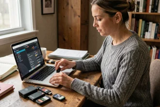 Femme organisant des disques durs et des clés USB pour sauvegarder des modèles d'IA localement sur son bureau en bois