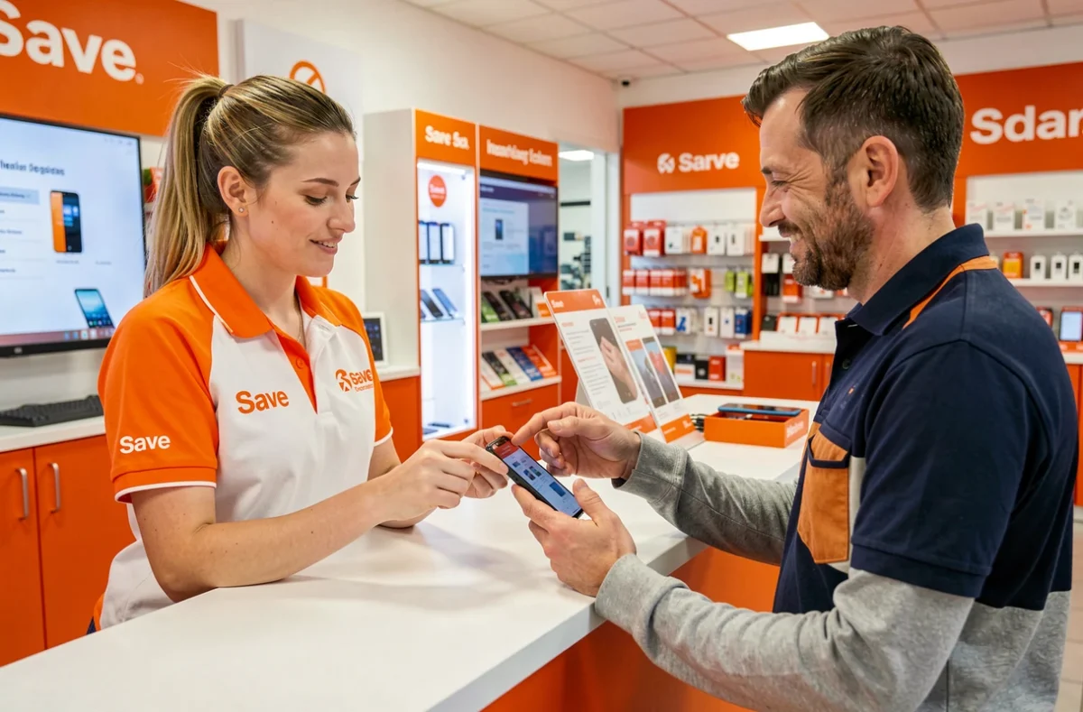 Technicienne Save en uniforme orange remettant un smartphone réparé à un client satisfait au comptoir du magasin à Lorient