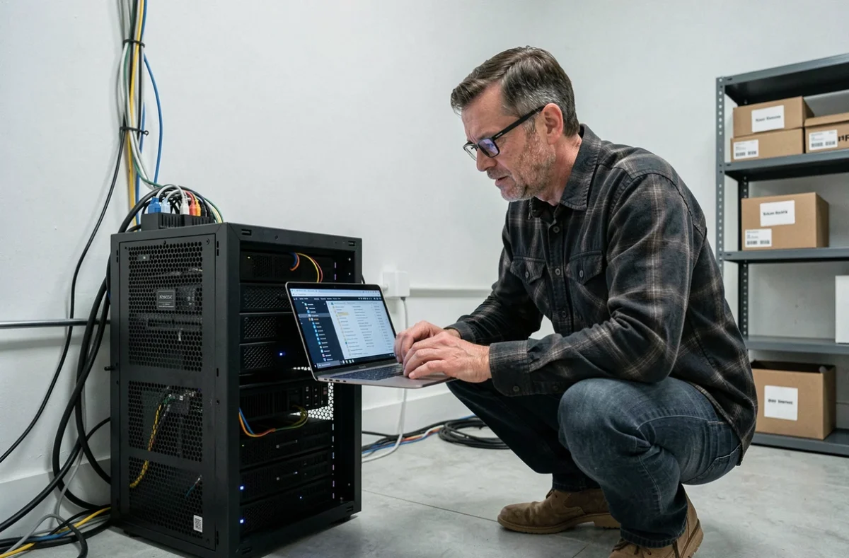 Homme configurant un serveur NAS domestique pour stocker et utiliser des modèles d'IA hors ligne