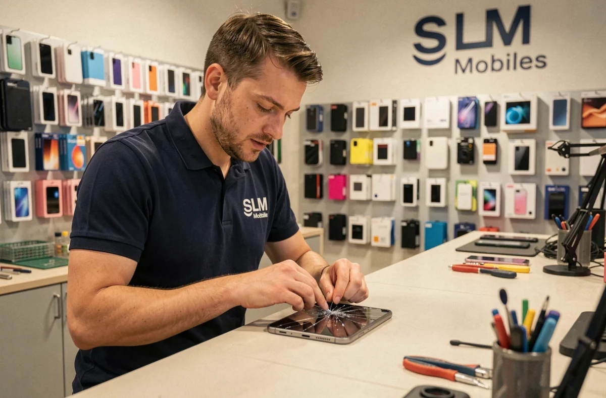 Technicien de SLM Mobiles à Vannes remplaçant l'écran fissuré d'un smartphone sur un comptoir de réparation professionnel