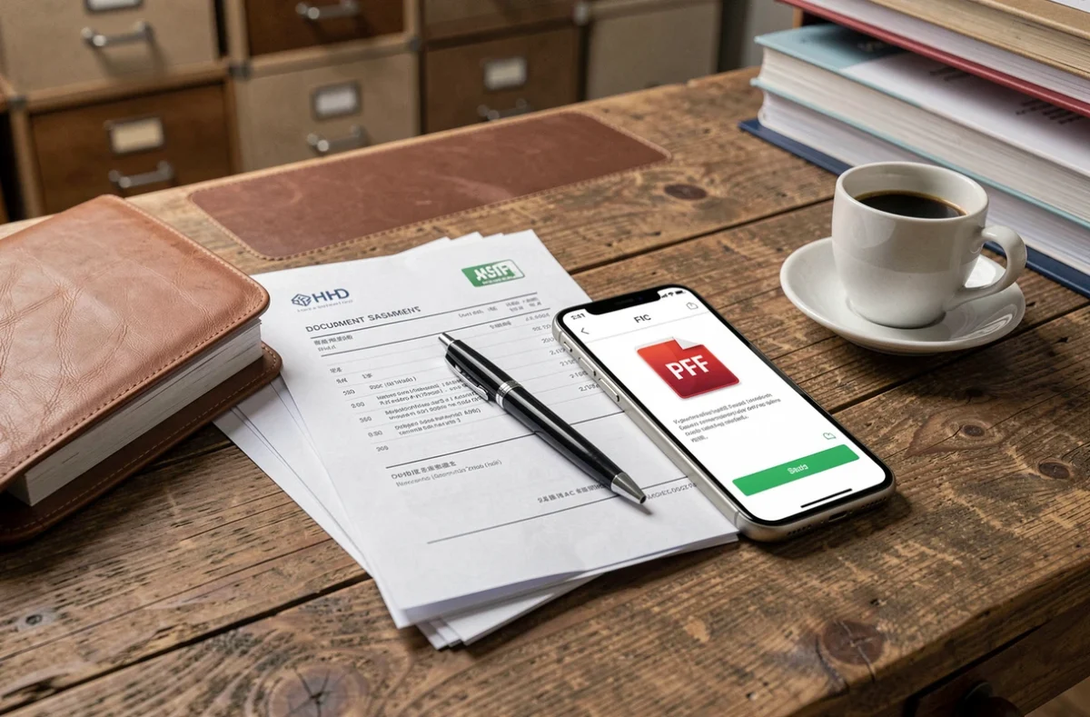 Smartphone convertissant des factures papier en documents PDF numériques grâce à une application de scan OCR sur un bureau de comptabilité