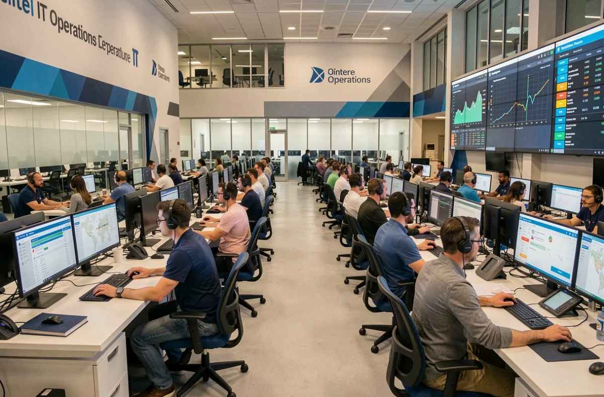 Centre d'opérations informatiques Sopra Steria avec des équipes de support à grande échelle à Lyon