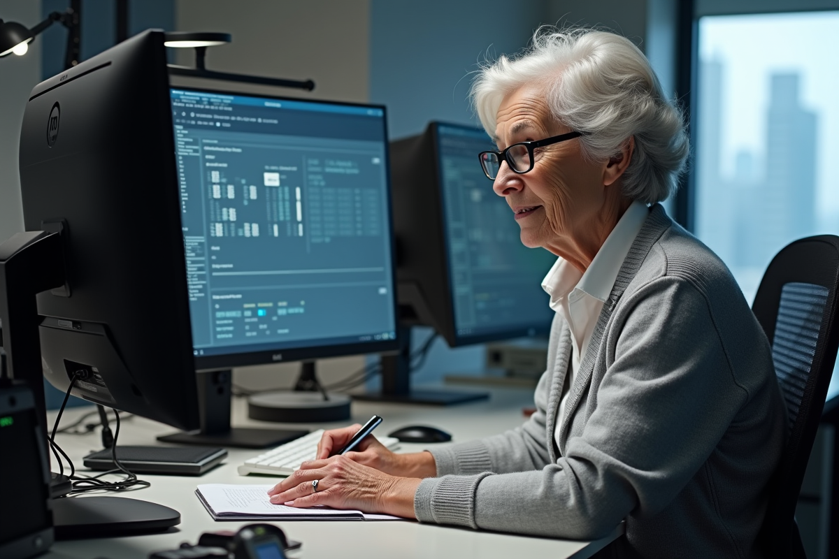 Femme experte surveillant des résultats de benchmark CPU sur un ordinateur