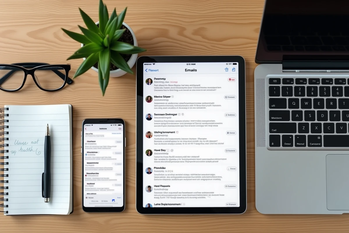 Vue aérienne de trois appareils synchronisés affichant la même boîte mail ia87 sur un bureau en bois minimaliste