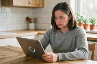 Femme frustrée utilisant une tablette lente dans sa cuisine, écran avec icône de chargement