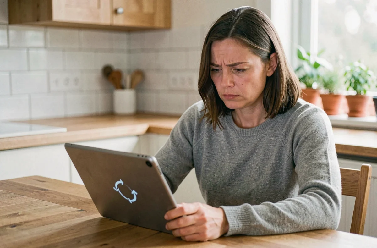 Femme frustrée utilisant une tablette lente dans sa cuisine, écran avec icône de chargement