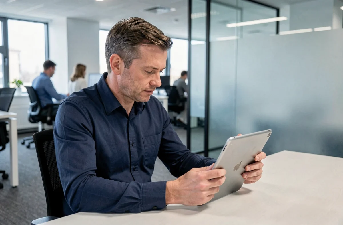 Homme testant la chaleur d'une tablette en surchauffe au bureau, problème antivirus