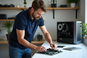 Jeune technicien installant un CPU sur une carte mère dans un bureau moderne