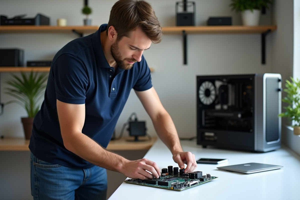 Jeune technicien installant un CPU sur une carte mère dans un bureau moderne
